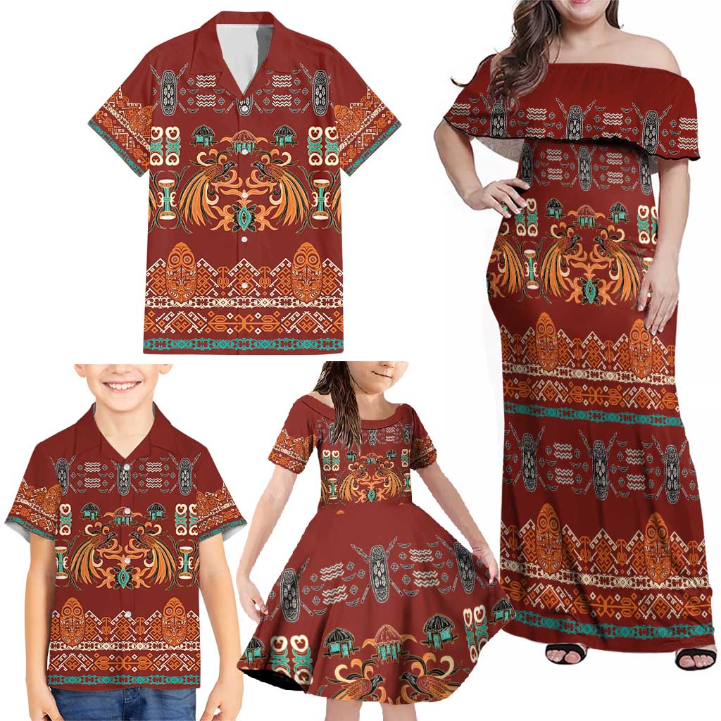 Oxblood Batik Papua-inspired Pattern Family Matching Off Shoulder Maxi Dress and Hawaiian Shirt LT9 - Polynesian Pride