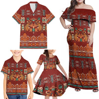 Oxblood Batik Papua-inspired Pattern Family Matching Off Shoulder Maxi Dress and Hawaiian Shirt LT9 - Polynesian Pride