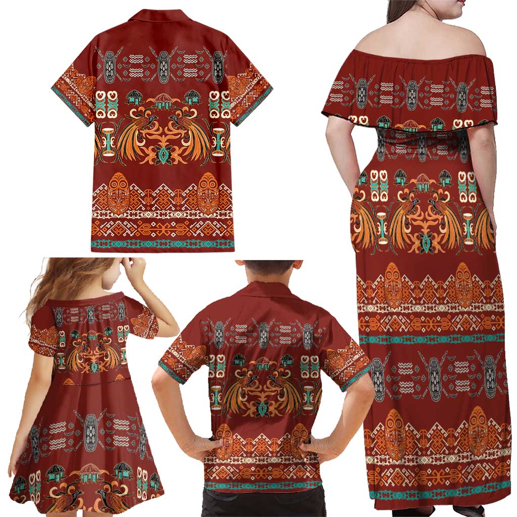 Oxblood Batik Papua-inspired Pattern Family Matching Off Shoulder Maxi Dress and Hawaiian Shirt LT9 - Polynesian Pride