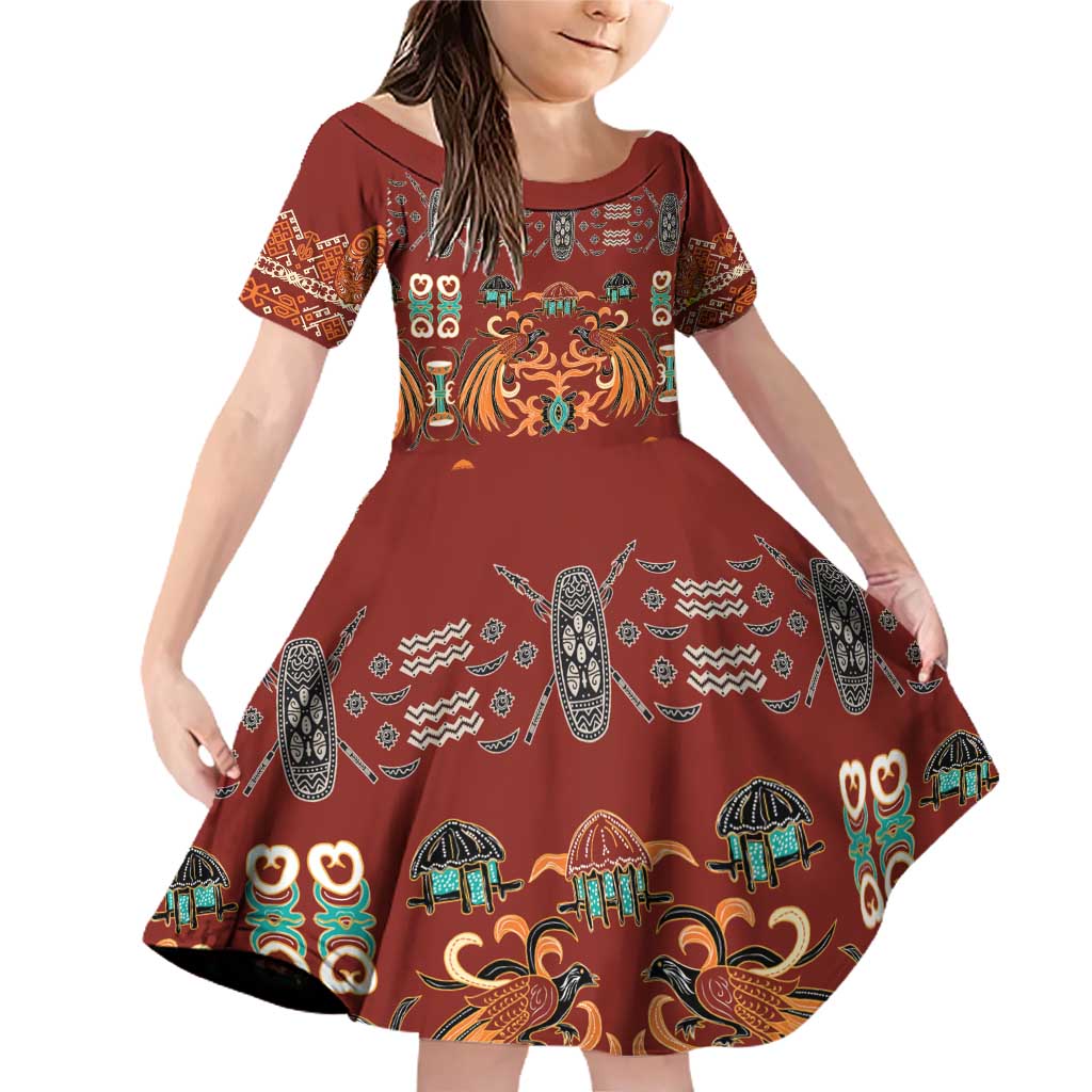 Oxblood Batik Papua-inspired Pattern Family Matching Off Shoulder Short Dress and Hawaiian Shirt LT9 Daughter's Dress Red - Polynesian Pride