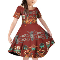 Oxblood Batik Papua-inspired Pattern Family Matching Off Shoulder Short Dress and Hawaiian Shirt LT9 Daughter's Dress Red - Polynesian Pride