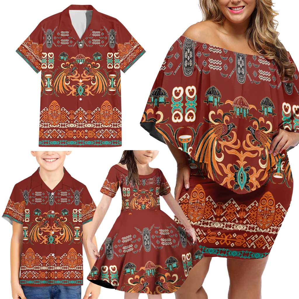 Oxblood Batik Papua-inspired Pattern Family Matching Off Shoulder Short Dress and Hawaiian Shirt LT9 - Polynesian Pride