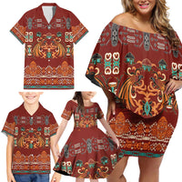 Oxblood Batik Papua-inspired Pattern Family Matching Off Shoulder Short Dress and Hawaiian Shirt LT9 - Polynesian Pride