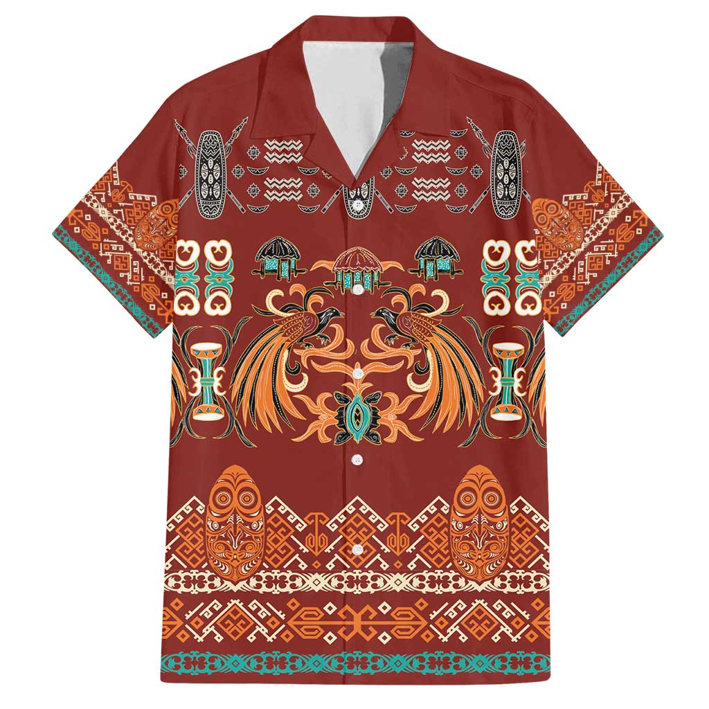 Oxblood Batik Papua-inspired Pattern Family Matching Off Shoulder Short Dress and Hawaiian Shirt LT9 Dad's Shirt - Short Sleeve Red - Polynesian Pride