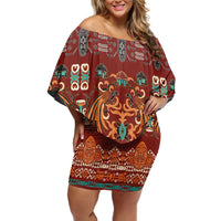 Oxblood Batik Papua-inspired Pattern Family Matching Off Shoulder Short Dress and Hawaiian Shirt LT9 Mom's Dress Red - Polynesian Pride