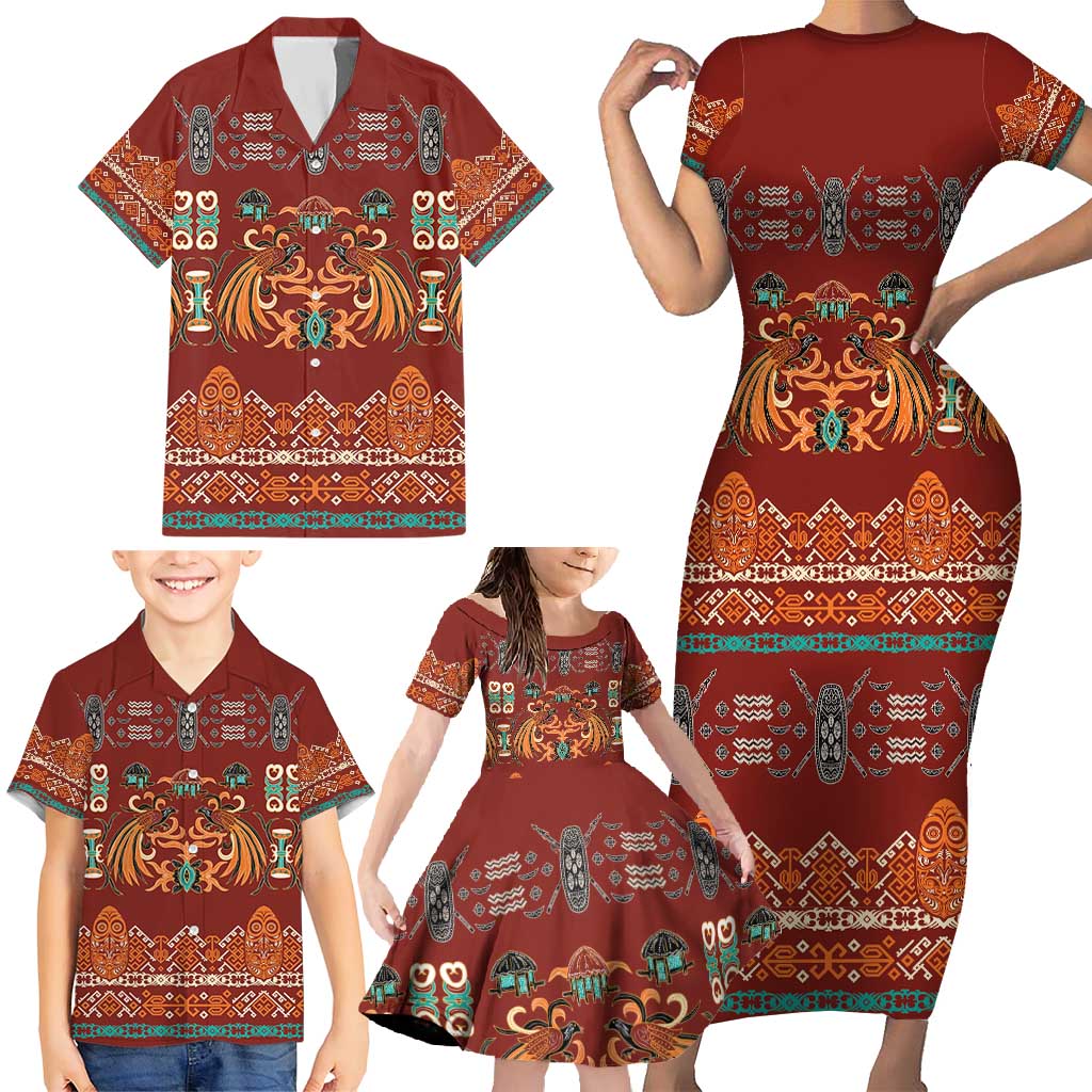 Oxblood Batik Papua-inspired Pattern Family Matching Short Sleeve Bodycon Dress and Hawaiian Shirt LT9 - Polynesian Pride