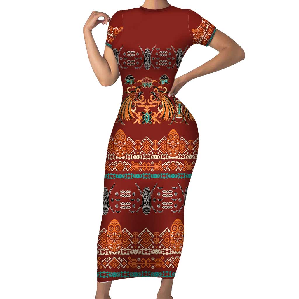 Oxblood Batik Papua-inspired Pattern Family Matching Short Sleeve Bodycon Dress and Hawaiian Shirt LT9 Mom's Dress Red - Polynesian Pride