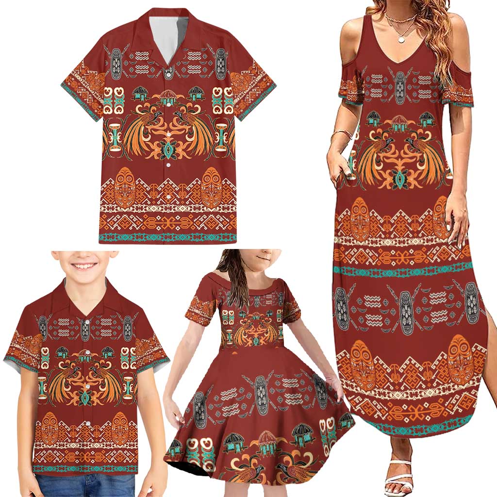 Oxblood Batik Papua-inspired Pattern Family Matching Summer Maxi Dress and Hawaiian Shirt LT9 - Polynesian Pride