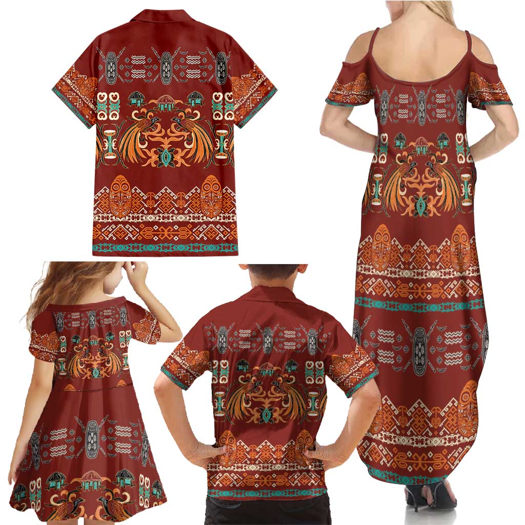Oxblood Batik Papua-inspired Pattern Family Matching Summer Maxi Dress and Hawaiian Shirt LT9 - Polynesian Pride