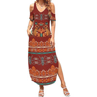 Oxblood Batik Papua-inspired Pattern Family Matching Summer Maxi Dress and Hawaiian Shirt LT9 Mom's Dress Red - Polynesian Pride