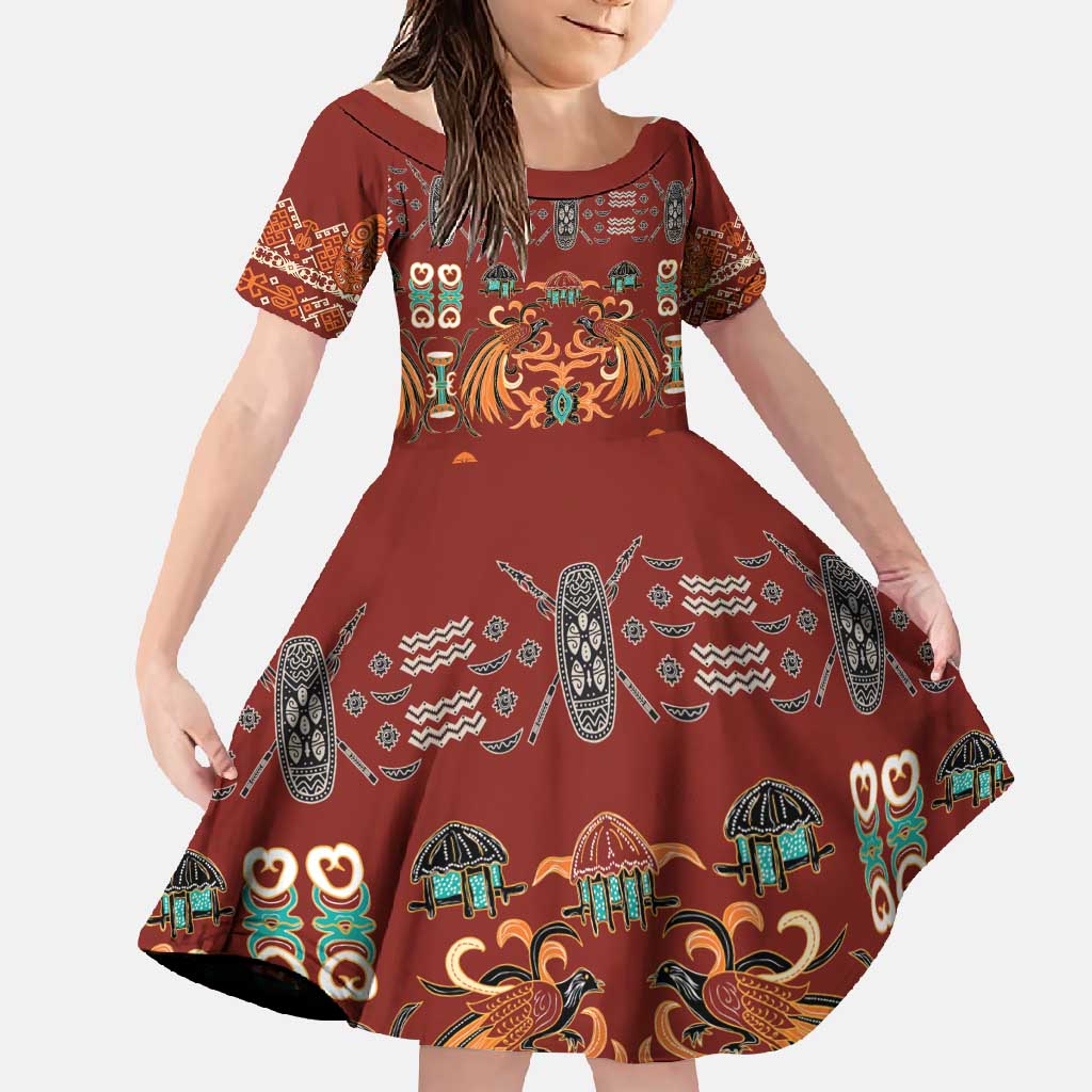 Oxblood Batik Papua-inspired Pattern Family Matching Tank Maxi Dress and Hawaiian Shirt LT9 Daughter's Dress Red - Polynesian Pride