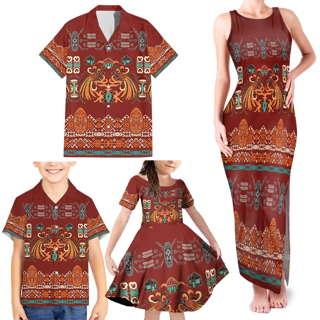 Oxblood Batik Papua-inspired Pattern Family Matching Tank Maxi Dress and Hawaiian Shirt LT9 - Polynesian Pride