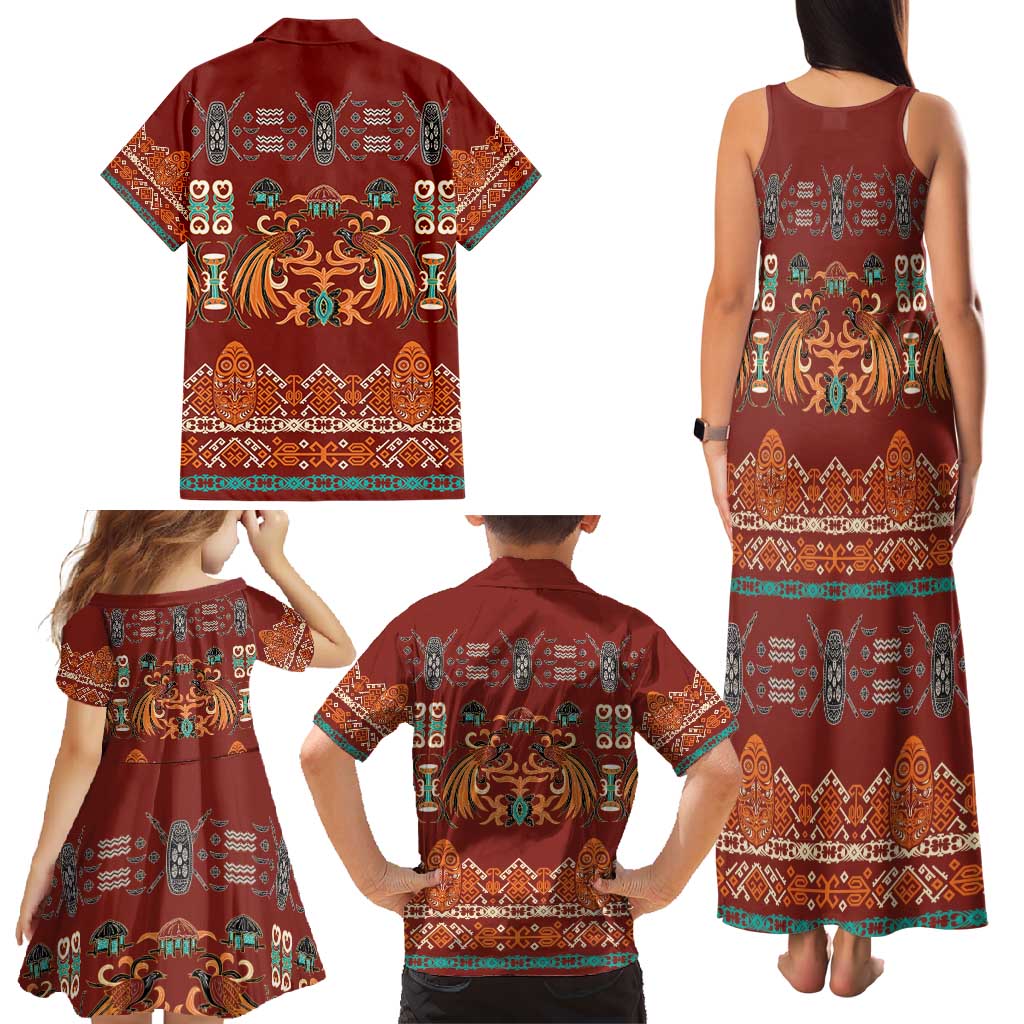 Oxblood Batik Papua-inspired Pattern Family Matching Tank Maxi Dress and Hawaiian Shirt LT9 - Polynesian Pride
