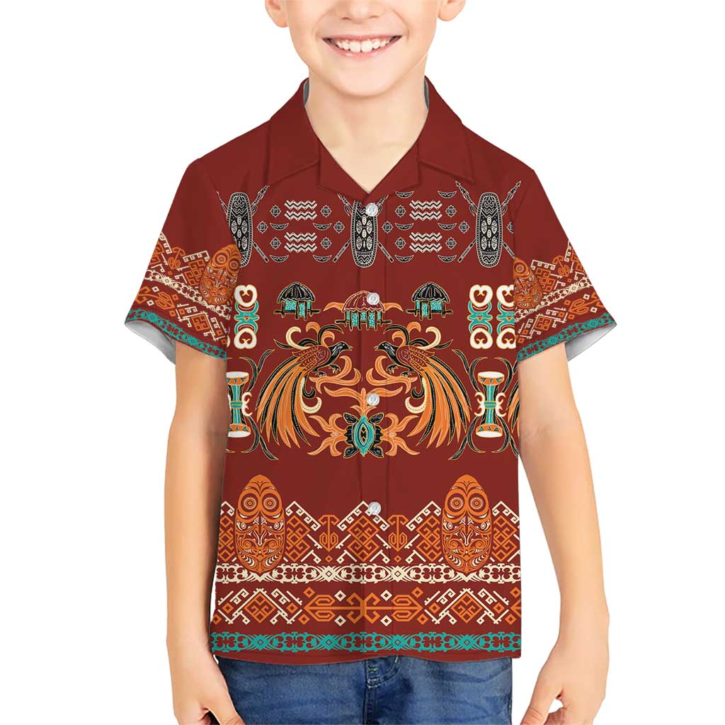 Oxblood Batik Papua-inspired Pattern Kid Hawaiian Shirt LT9 Kid Red - Polynesian Pride