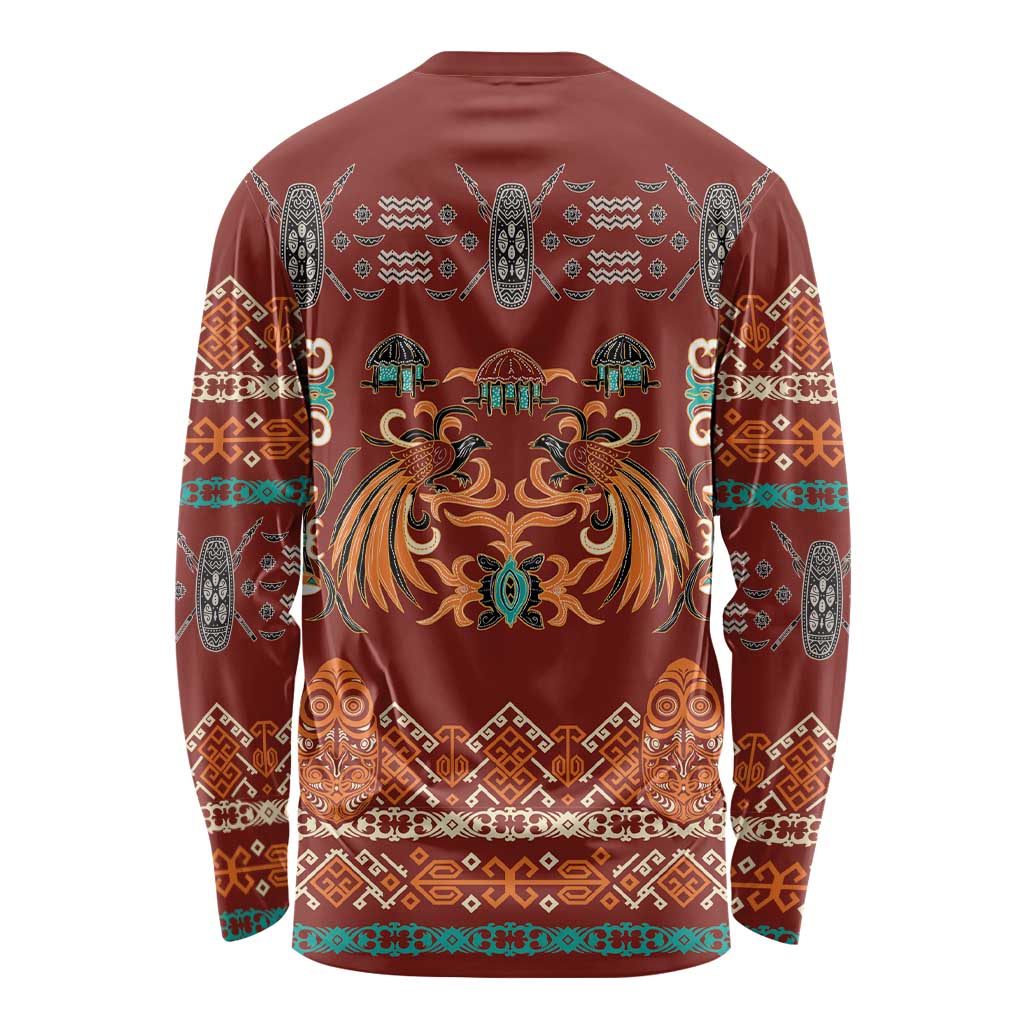 Oxblood Batik Papua-inspired Pattern Long Sleeve Shirt - Polynesian Pride