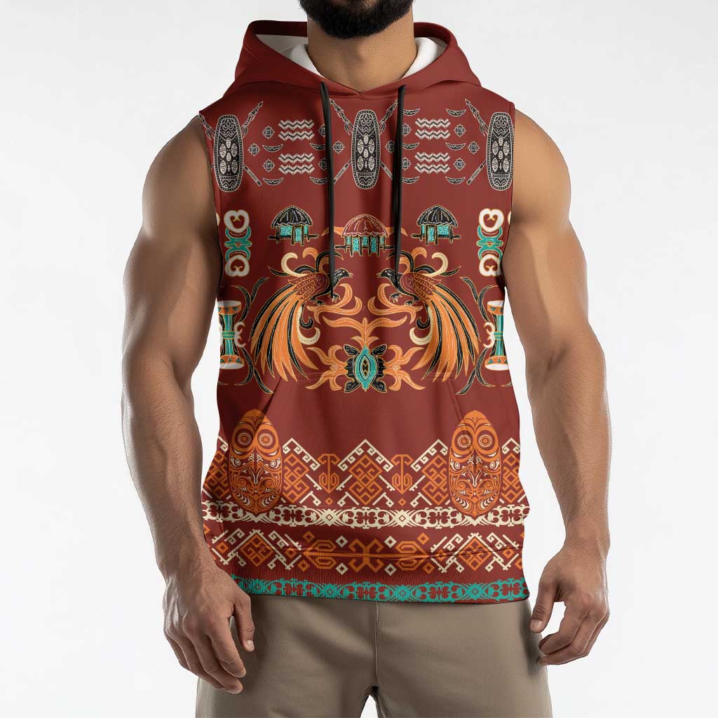 Oxblood Batik Papua-inspired Pattern Sleeveless Hoodie - Polynesian Pride