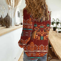 Oxblood Batik Papua-inspired Pattern Women Casual Shirt LT9 - Polynesian Pride