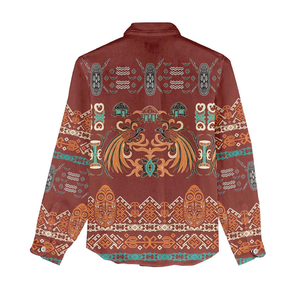 Oxblood Batik Papua-inspired Pattern Women Casual Shirt LT9 - Polynesian Pride