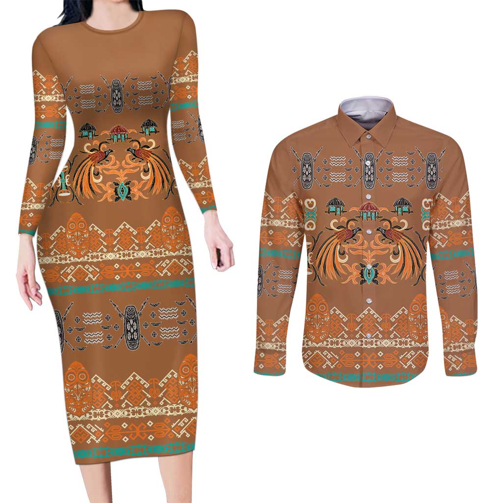Terracotta Batik Papua-inspired Pattern Couples Matching Long Sleeve Bodycon Dress and Long Sleeve Button Shirt LT9 Gold - Polynesian Pride