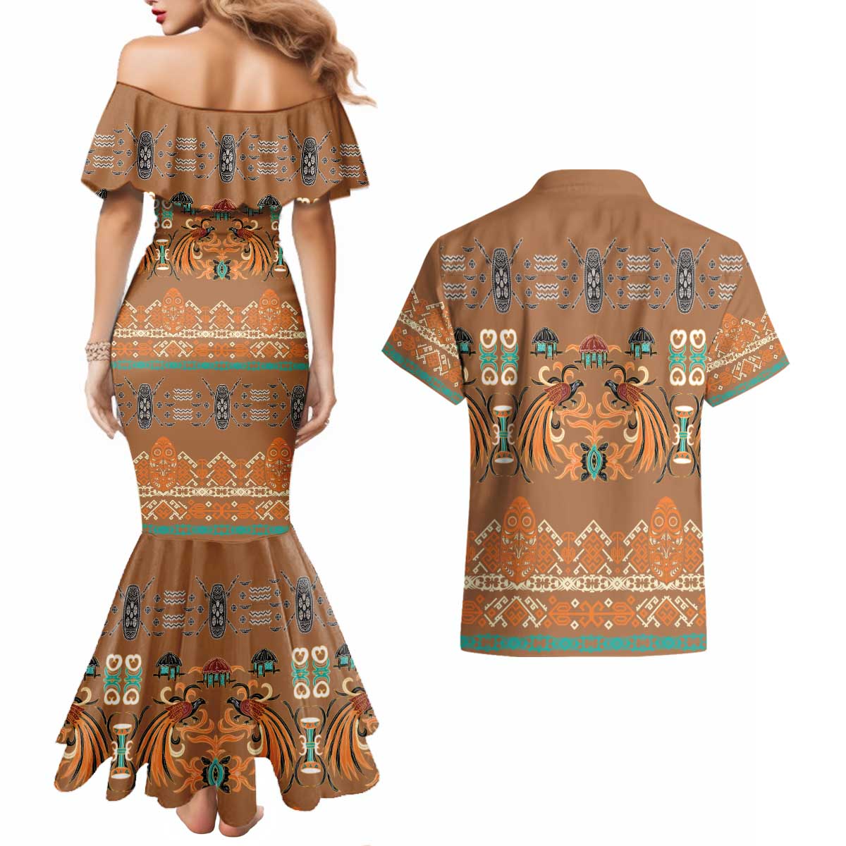 Terracotta Batik Papua-inspired Pattern Couples Matching Mermaid Dress and Hawaiian Shirt LT9 - Polynesian Pride
