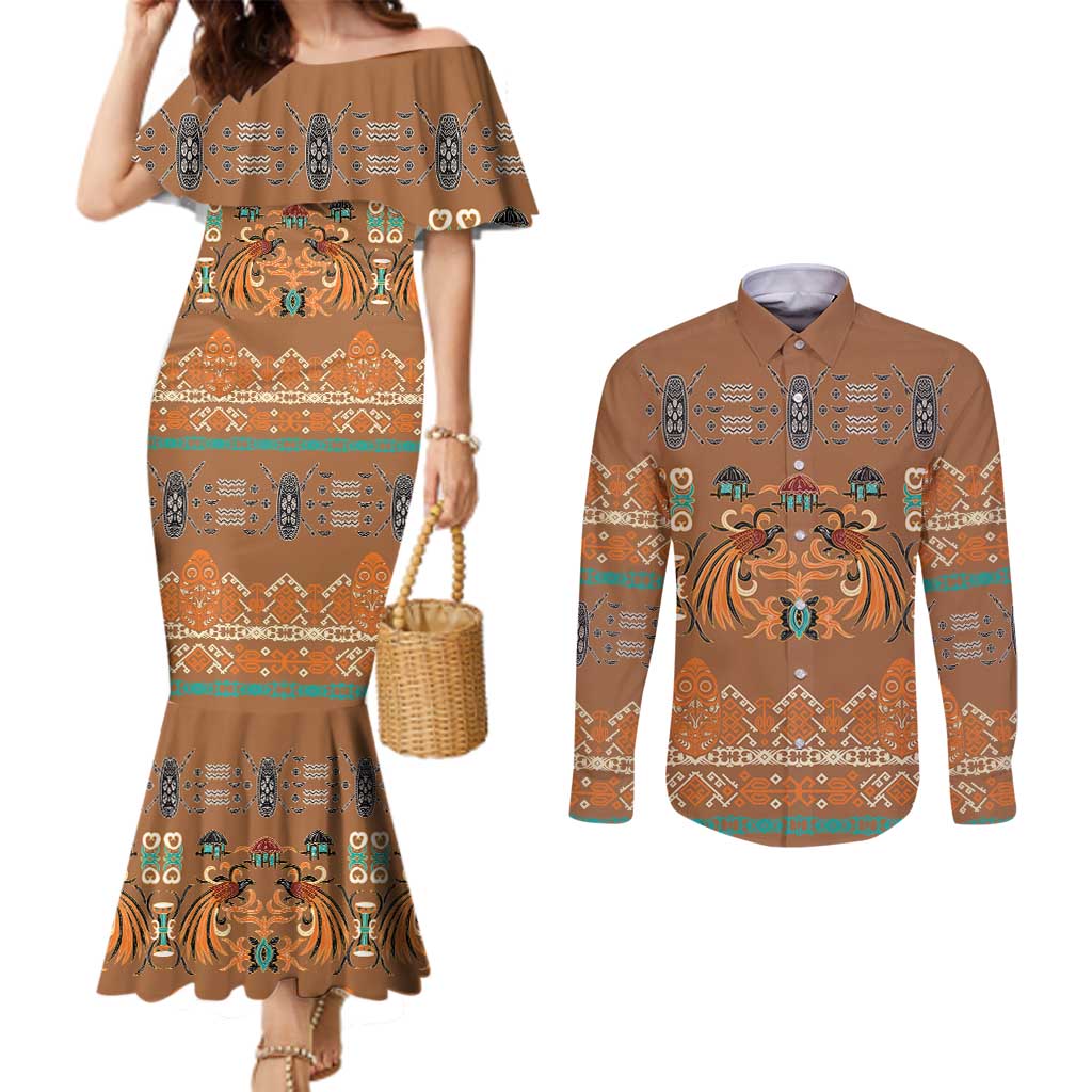 Terracotta Batik Papua-inspired Pattern Couples Matching Mermaid Dress and Long Sleeve Button Shirt LT9 Gold - Polynesian Pride