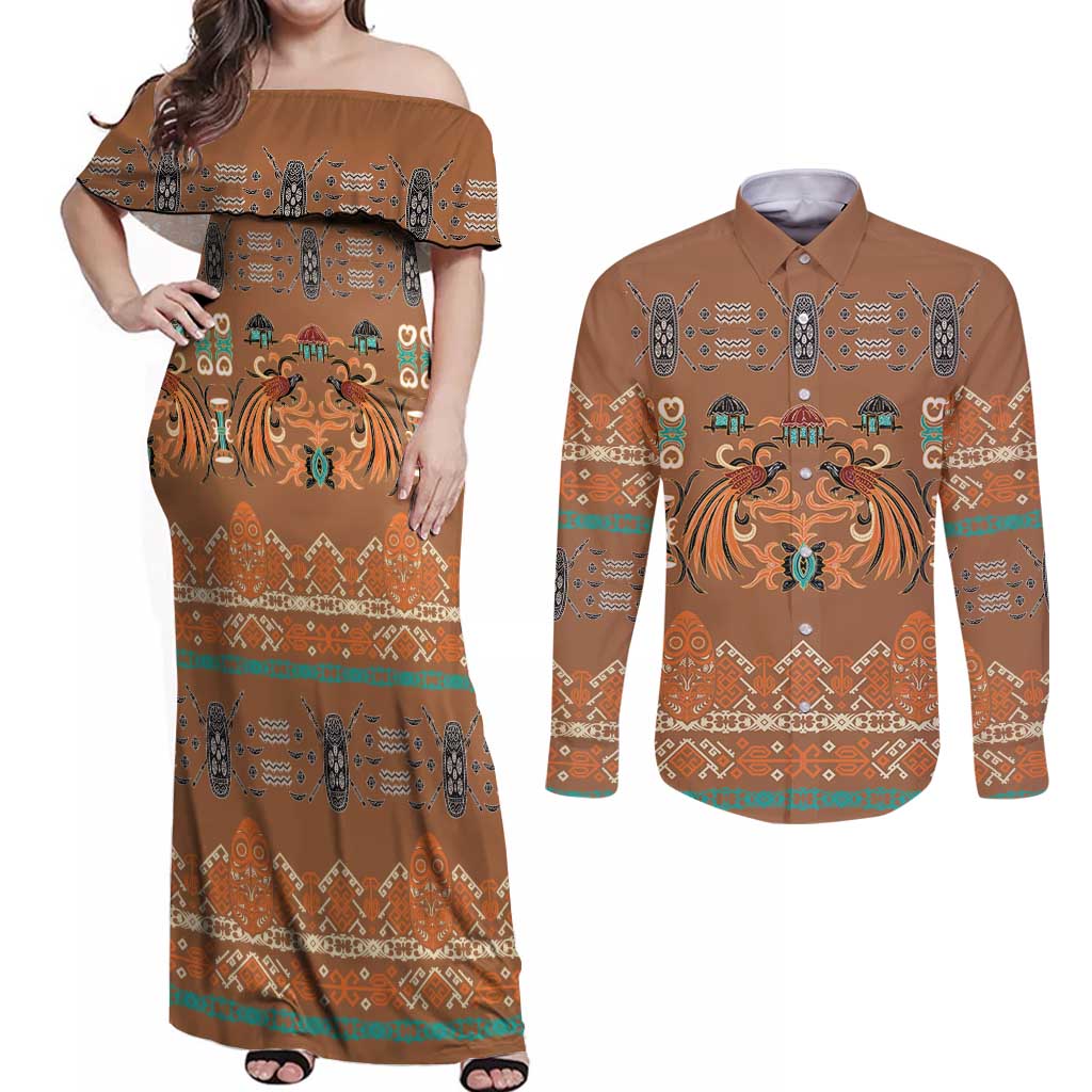 Terracotta Batik Papua-inspired Pattern Couples Matching Off Shoulder Maxi Dress and Long Sleeve Button Shirt LT9 Gold - Polynesian Pride
