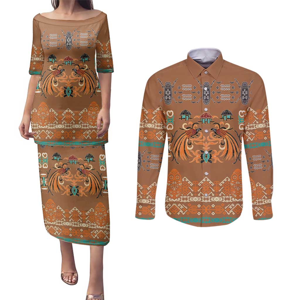 Terracotta Batik Papua-inspired Pattern Couples Matching Puletasi and Long Sleeve Button Shirt LT9 Gold - Polynesian Pride