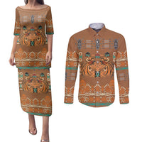 Terracotta Batik Papua-inspired Pattern Couples Matching Puletasi and Long Sleeve Button Shirt LT9 Gold - Polynesian Pride