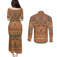 Terracotta Batik Papua-inspired Pattern Couples Matching Puletasi and Long Sleeve Button Shirt LT9 - Polynesian Pride