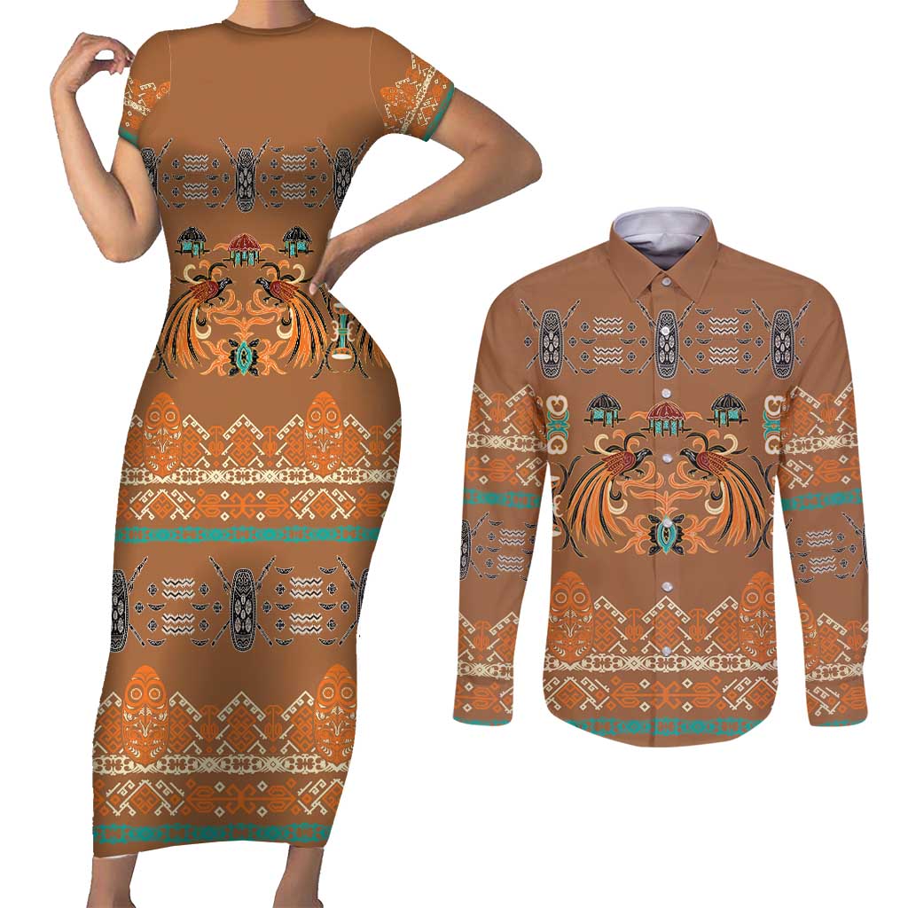 Terracotta Batik Papua-inspired Pattern Couples Matching Short Sleeve Bodycon Dress and Long Sleeve Button Shirt LT9 Gold - Polynesian Pride