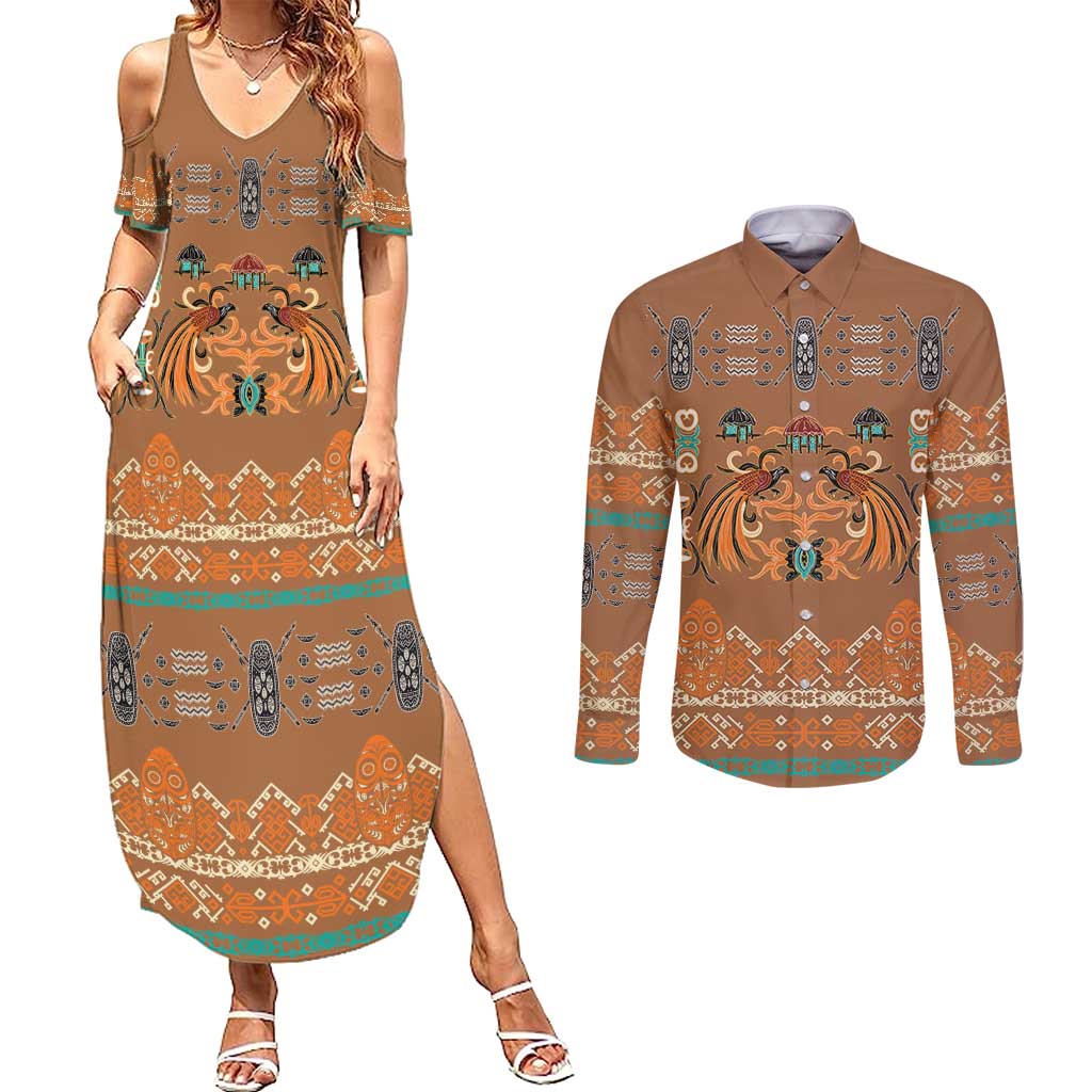 Terracotta Batik Papua-inspired Pattern Couples Matching Summer Maxi Dress and Long Sleeve Button Shirt LT9 Gold - Polynesian Pride
