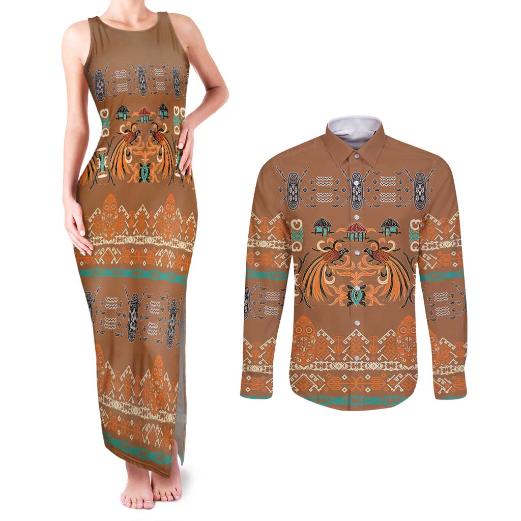 Terracotta Batik Papua-inspired Pattern Couples Matching Tank Maxi Dress and Long Sleeve Button Shirt LT9 Gold - Polynesian Pride