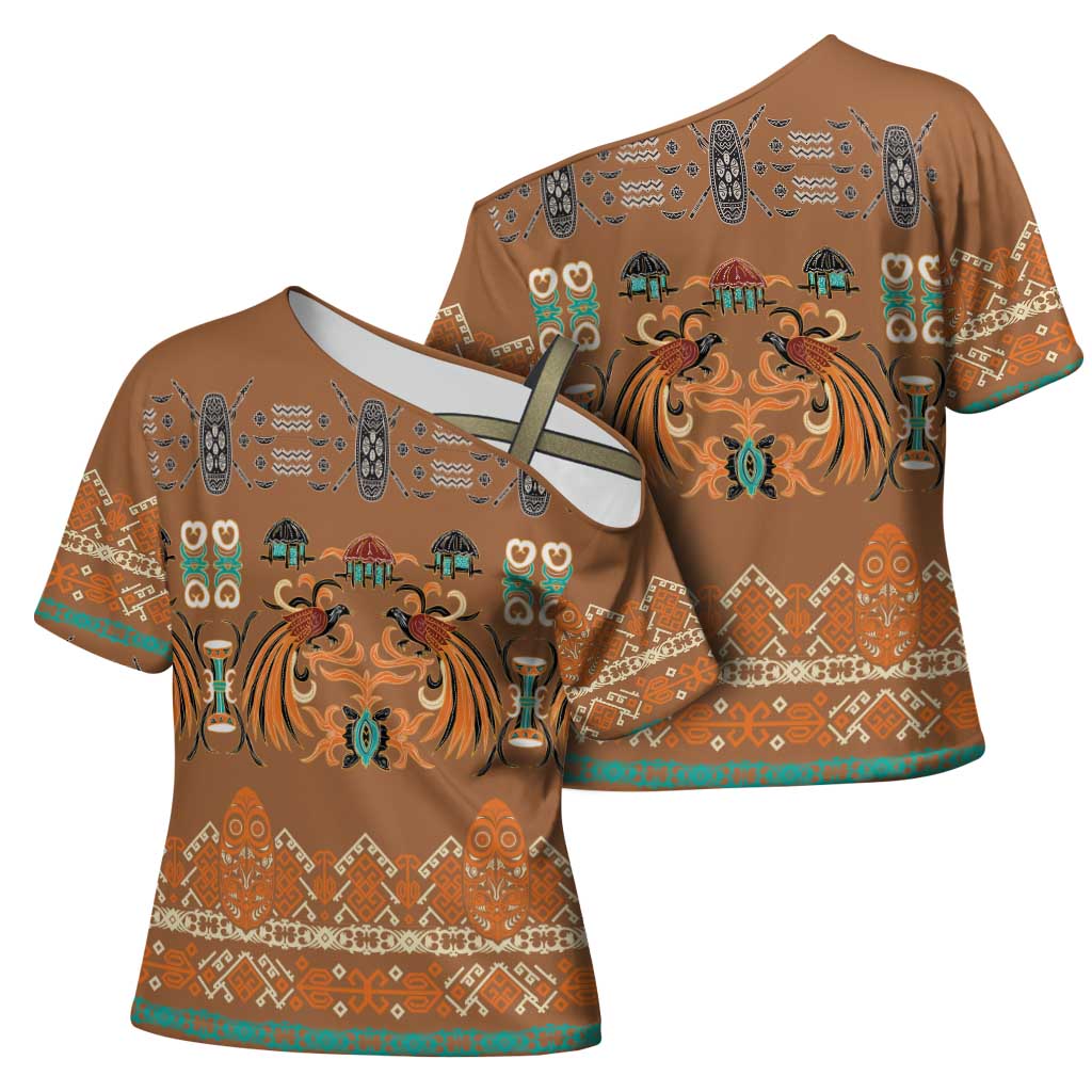 Terracotta Batik Papua-inspired Pattern Cross Shoulder Shirt - Polynesian Pride