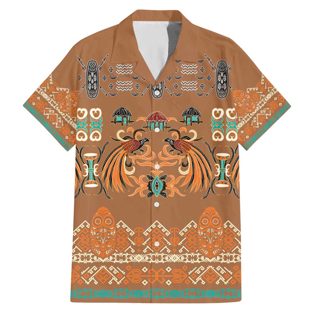 Terracotta Batik Papua-inspired Pattern Family Matching Mermaid Dress and Hawaiian Shirt LT9 Dad's Shirt - Short Sleeve Gold - Polynesian Pride