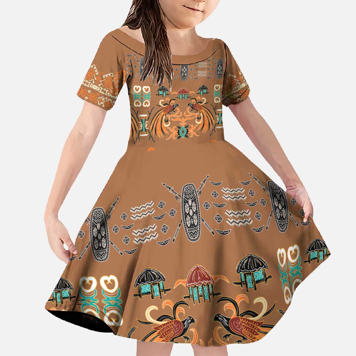 Terracotta Batik Papua-inspired Pattern Family Matching Off The Shoulder Long Sleeve Dress and Hawaiian Shirt LT9 Daughter's Dress Gold - Polynesian Pride