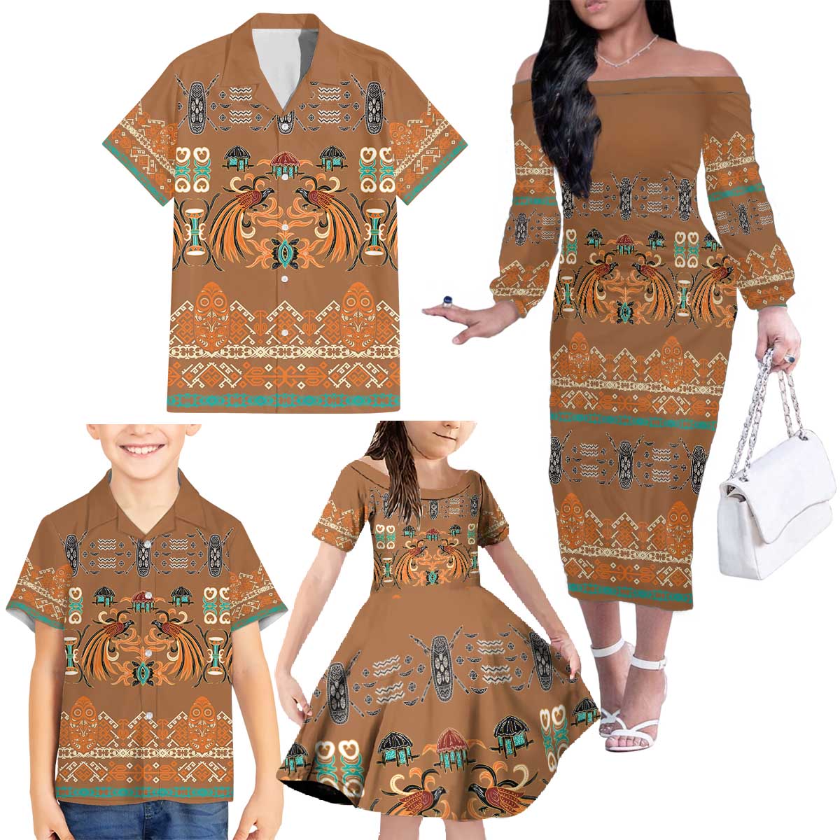 Terracotta Batik Papua-inspired Pattern Family Matching Off The Shoulder Long Sleeve Dress and Hawaiian Shirt LT9 - Polynesian Pride