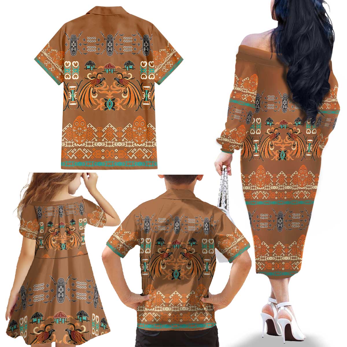 Terracotta Batik Papua-inspired Pattern Family Matching Off The Shoulder Long Sleeve Dress and Hawaiian Shirt LT9 - Polynesian Pride
