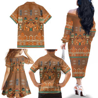 Terracotta Batik Papua-inspired Pattern Family Matching Off The Shoulder Long Sleeve Dress and Hawaiian Shirt LT9 - Polynesian Pride