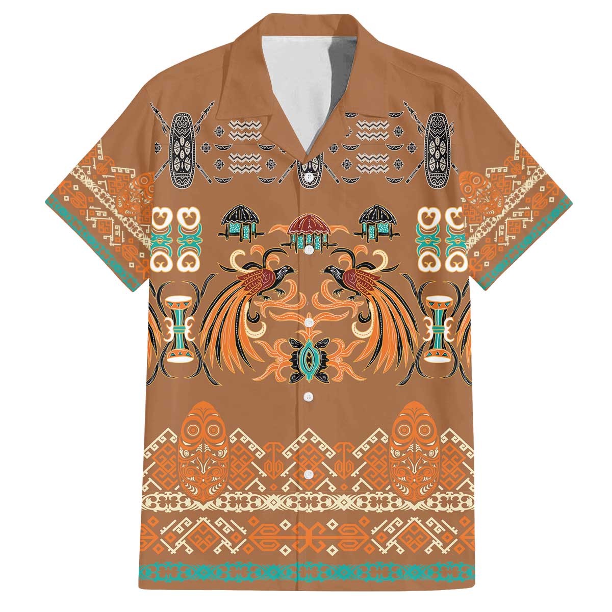 Terracotta Batik Papua-inspired Pattern Family Matching Off The Shoulder Long Sleeve Dress and Hawaiian Shirt LT9 Dad's Shirt - Short Sleeve Gold - Polynesian Pride