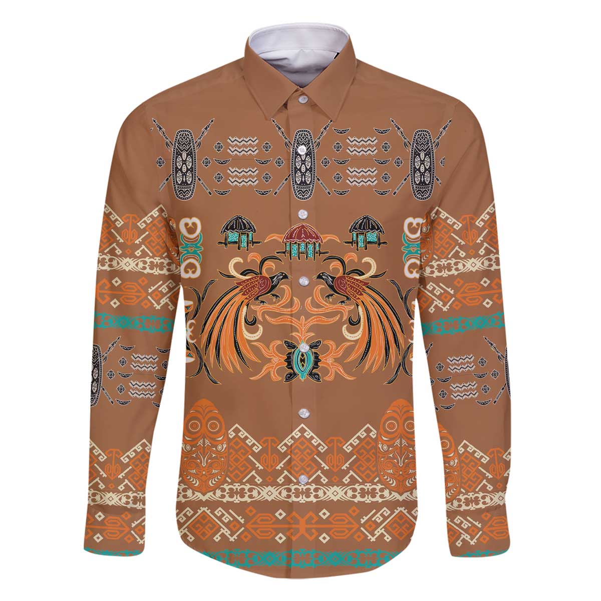 Terracotta Batik Papua-inspired Pattern Family Matching Off The Shoulder Long Sleeve Dress and Hawaiian Shirt LT9 Dad's Shirt - Long Sleeve Gold - Polynesian Pride