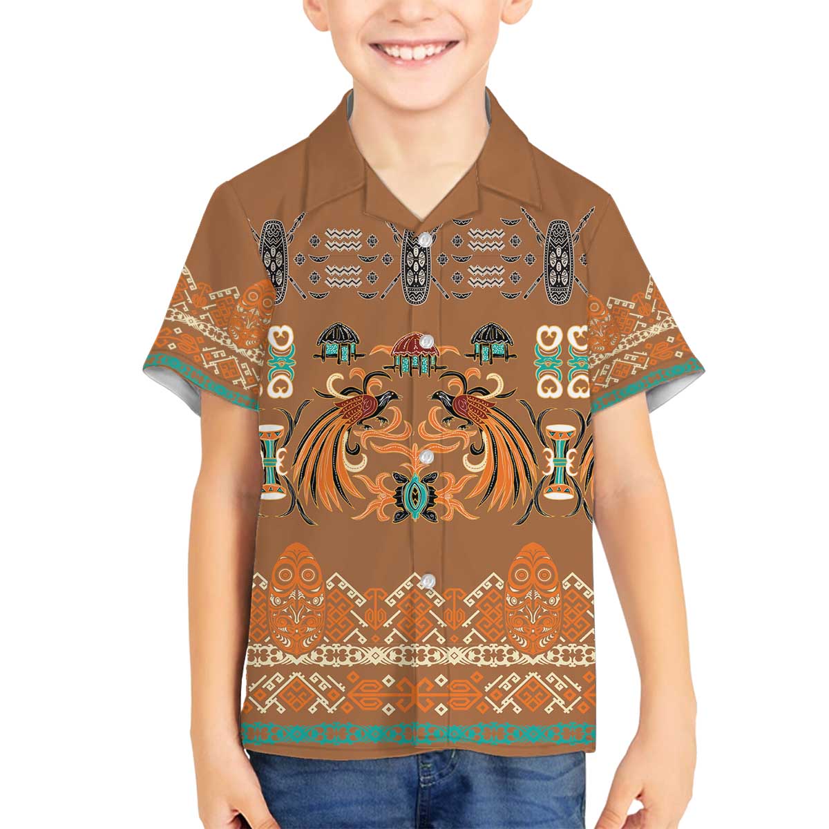 Terracotta Batik Papua-inspired Pattern Family Matching Off The Shoulder Long Sleeve Dress and Hawaiian Shirt LT9 Son's Shirt Gold - Polynesian Pride