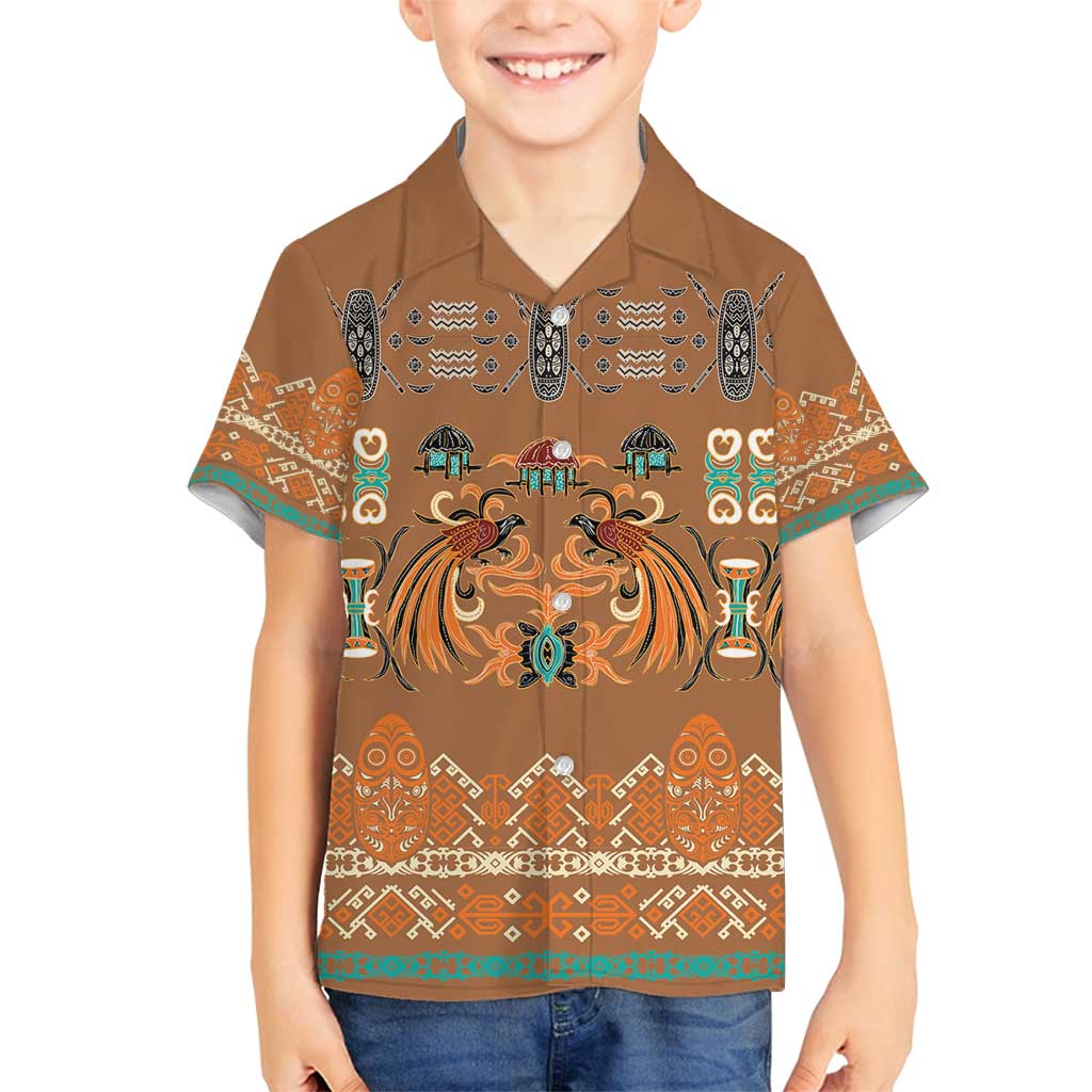 Terracotta Batik Papua-inspired Pattern Family Matching Off Shoulder Maxi Dress and Hawaiian Shirt LT9 Son's Shirt Gold - Polynesian Pride