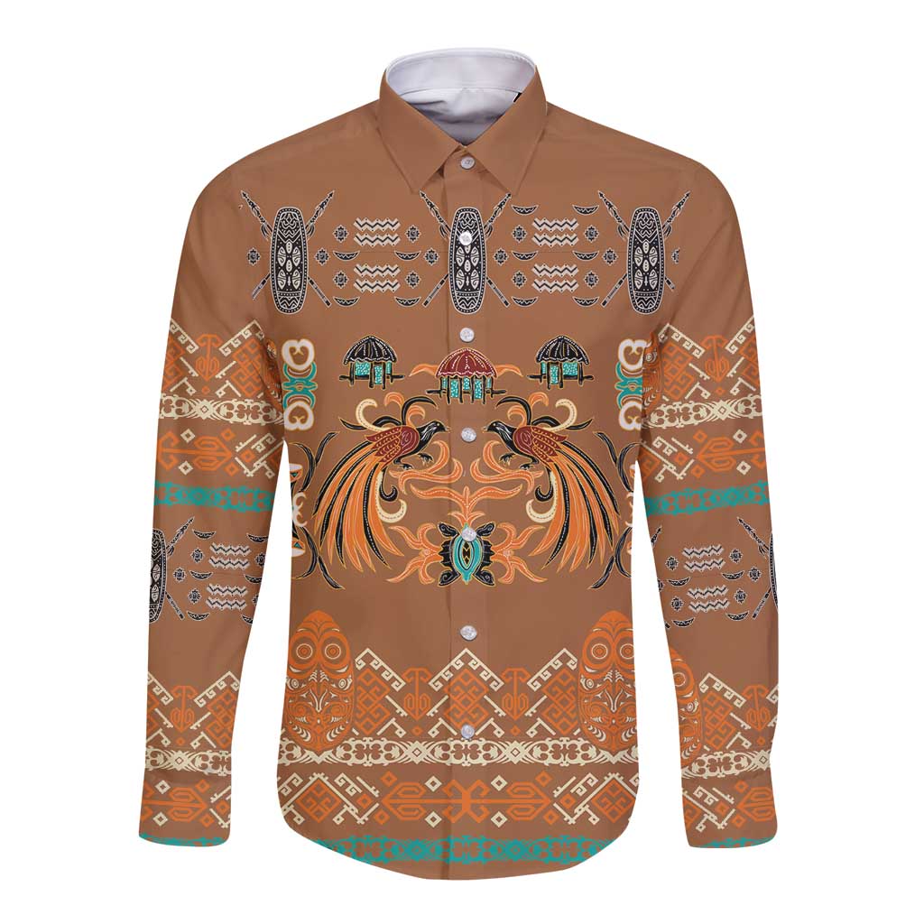 Terracotta Batik Papua-inspired Pattern Long Sleeve Button Shirt - Polynesian Pride
