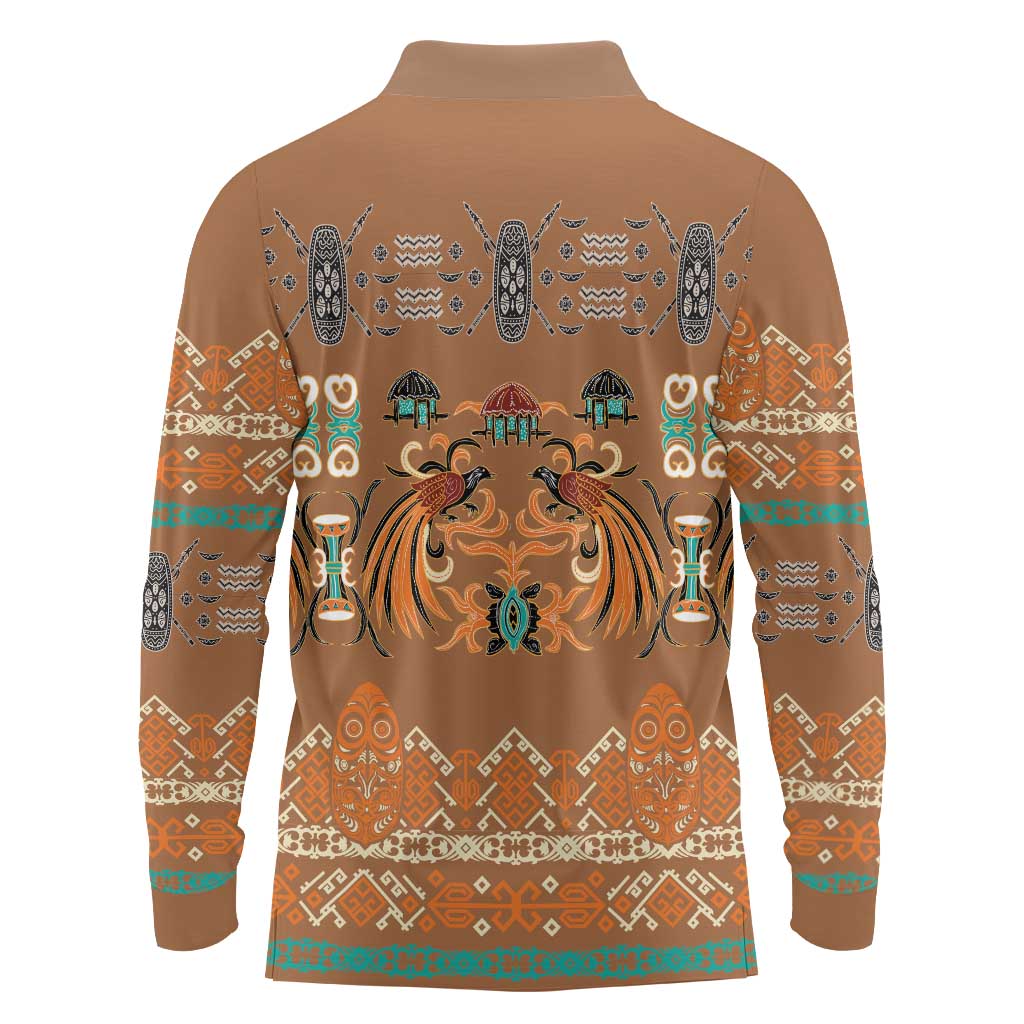 Terracotta Batik Papua-inspired Pattern Long Sleeve Polo Shirt - Polynesian Pride
