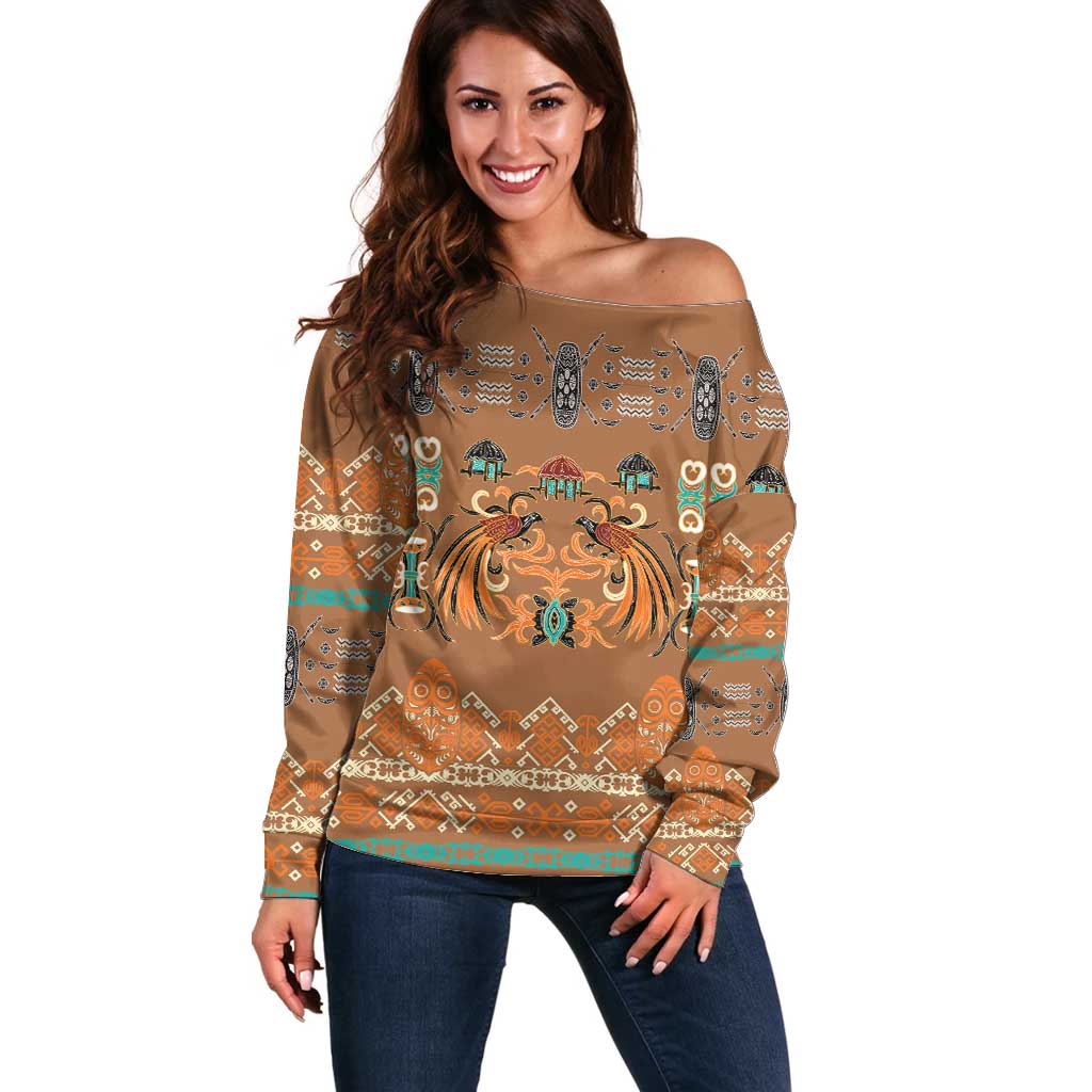 Terracotta Batik Papua-inspired Pattern Off Shoulder Sweater - Polynesian Pride