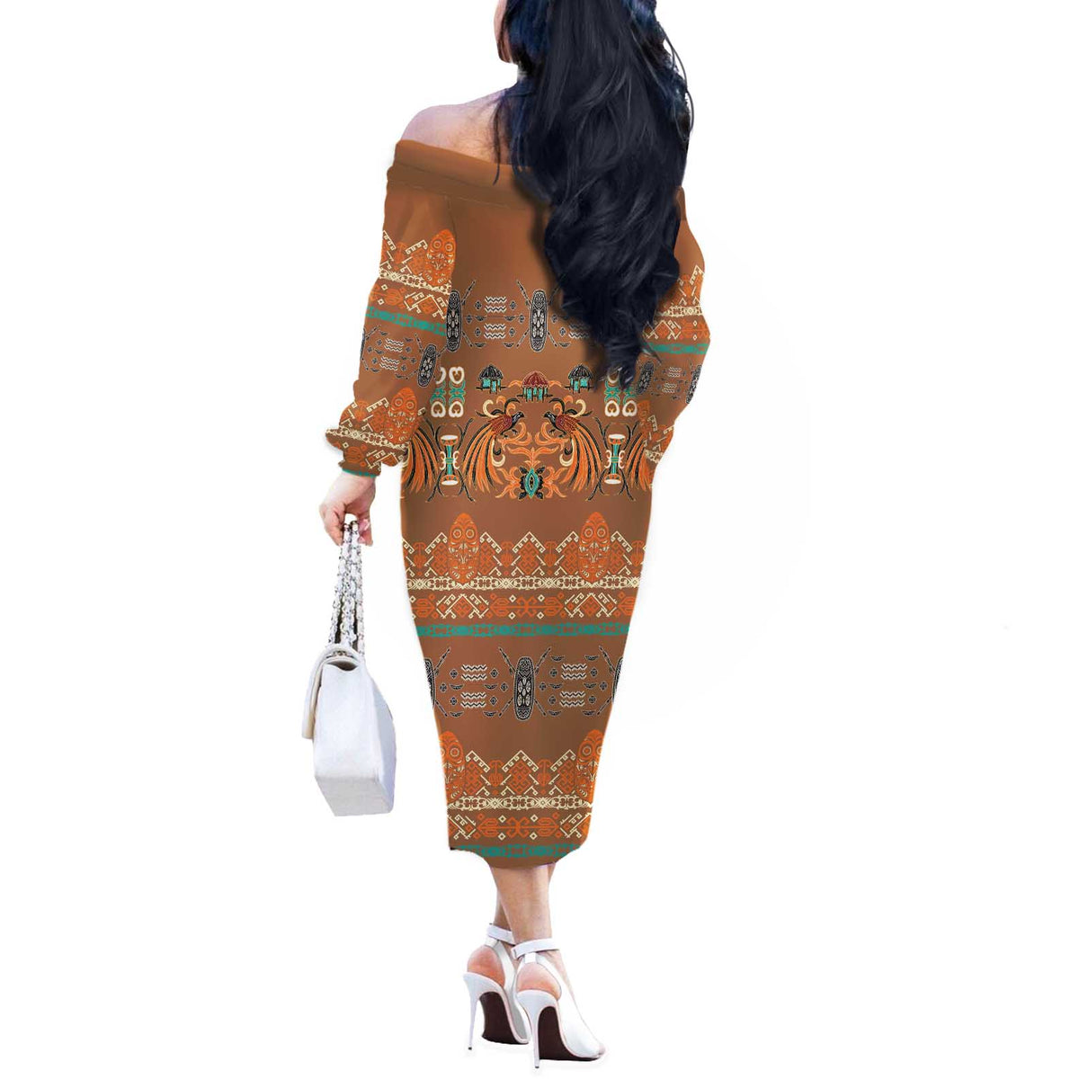 Terracotta Batik Papua-inspired Pattern Off The Shoulder Long Sleeve Dress LT9 - Polynesian Pride