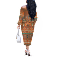 Terracotta Batik Papua-inspired Pattern Off The Shoulder Long Sleeve Dress LT9 - Polynesian Pride
