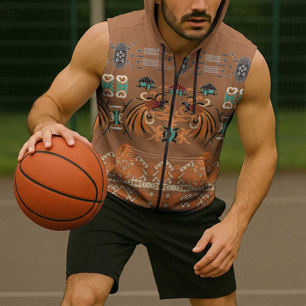 Terracotta Batik Papua-inspired Pattern Sleeveless Zip Hoodie - Polynesian Pride