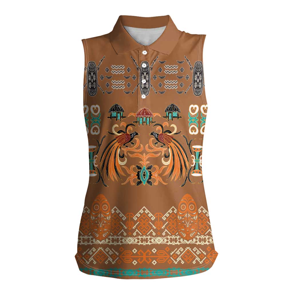 Terracotta Batik Papua-inspired Pattern Women Sleeveless Polo Shirt LT9 Female Gold - Polynesian Pride