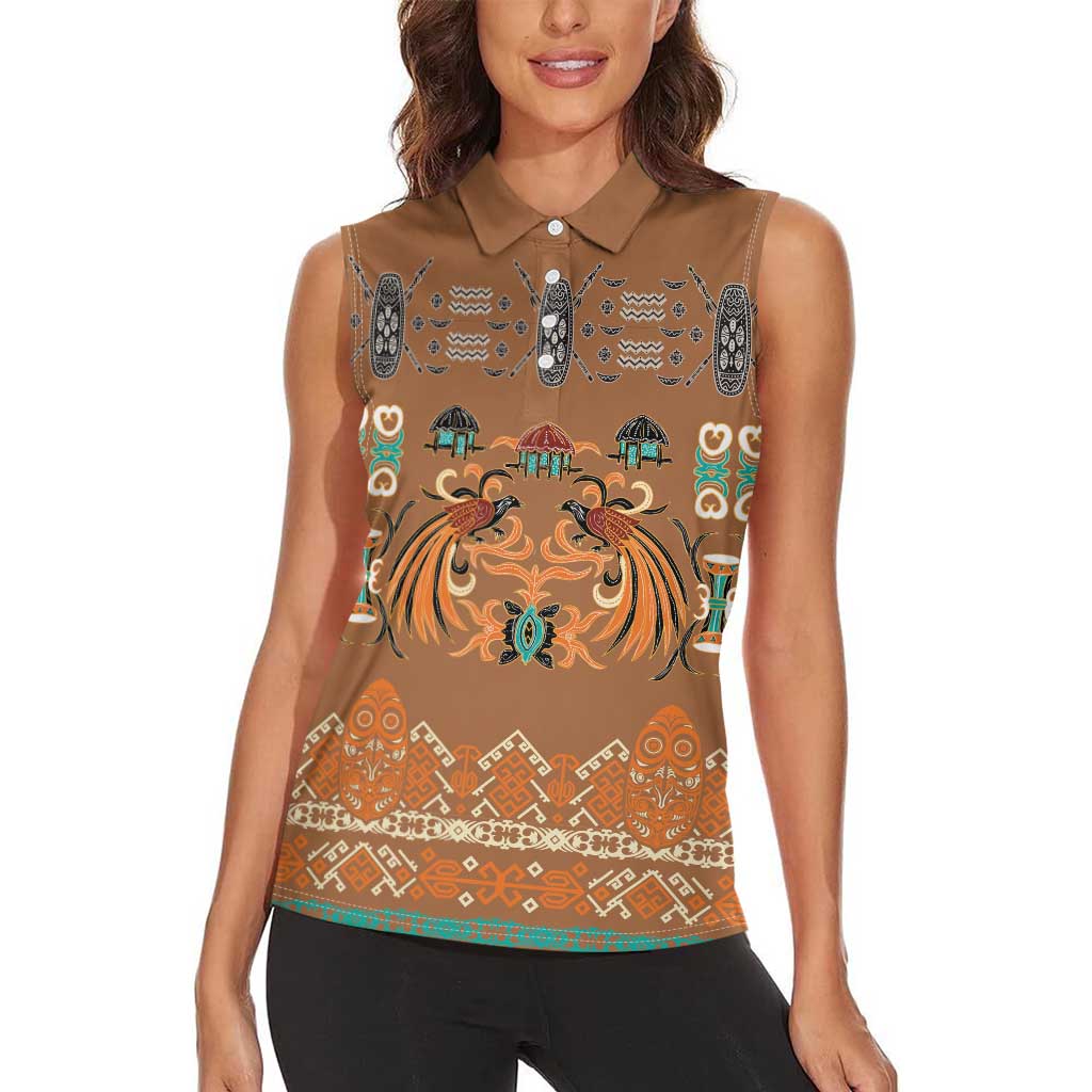 Terracotta Batik Papua-inspired Pattern Women Sleeveless Polo Shirt - Polynesian Pride